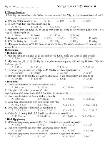Bài giảng Toán Lớp 5 - Bài: Ôn tập giữa học kỳ 2 (Phiếu bài tập)