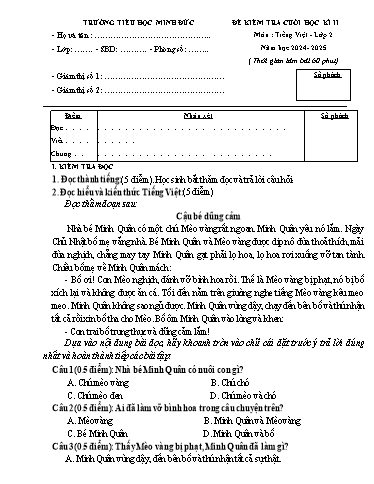 Đề kiểm tra cuối học kì 2 môn Tiếng Việt Lớp 2 - Năm học 2024-2025 - Trường Tiểu học Minh Đức (Có đáp án + Ma trận)