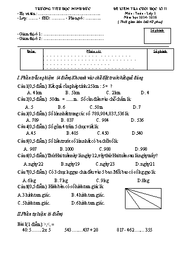 Đề kiểm tra cuối học kì 2 môn Toán Lớp 2 - Năm học 2024-2025 - Trường Tiểu học Minh Đức (Có đáp án + Ma trận)