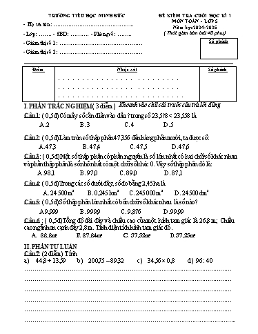 Đề kiểm tra cuối học kỳ 1 Toán Lớp 5 - Năm học 2024-2025 - Trường Tiểu học Minh Đức (Có đáp án)