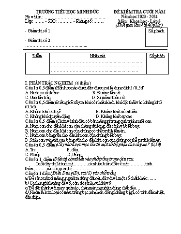 Đề kiểm tra cuối năm môn Khoa học Lớp 5 - Năm học 2023-2024 - Trường Tiểu học Minh Đức (Có đáp án)