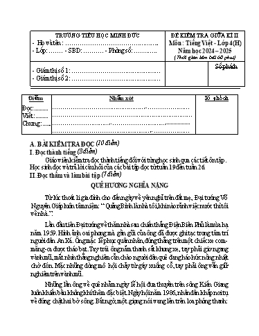 Đề kiểm tra giữa học kì 2 môn Tiếng Việt Lớp 4 - Năm học 2024-2025 - Trường Tiểu học Minh Đức (Có đáp án)
