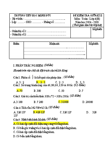 Đề kiểm tra giữa học kì 2 môn Toán Lớp 4 - Năm học 2024-2025 - Trường Tiểu học Minh Đức (Có đáp án + Ma trận)