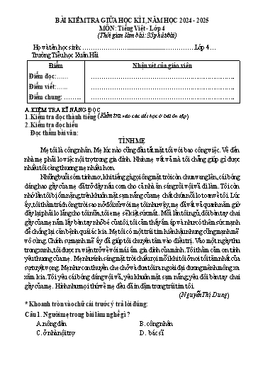 Đề kiểm tra giữa học kỳ 1 môn Tiếng Việt 4 - Năm học 2024-2025 - Trường Tiểu học Xuân Hải (Có đáp án + Ma trận)