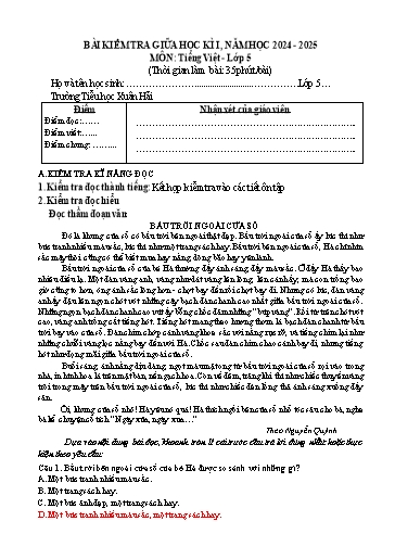 Đề kiểm tra giữa học kỳ 1 môn Tiếng Việt 5 - Năm học 2024-2025 - Trường Tiểu học Xuân Hải (Có đáp án + Ma trận)