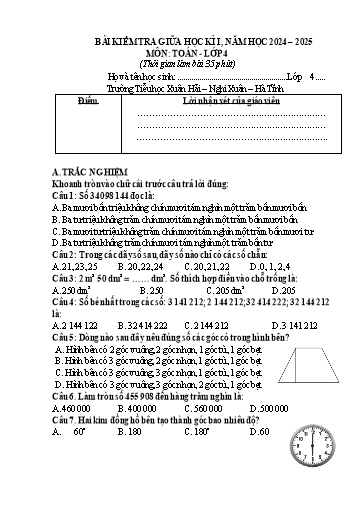 Đề kiểm tra giữa học kỳ 1 môn Toán 4 - Năm học 2024-2025 - Trường Tiểu học Xuân Hải (Có đáp án + Ma trận)
