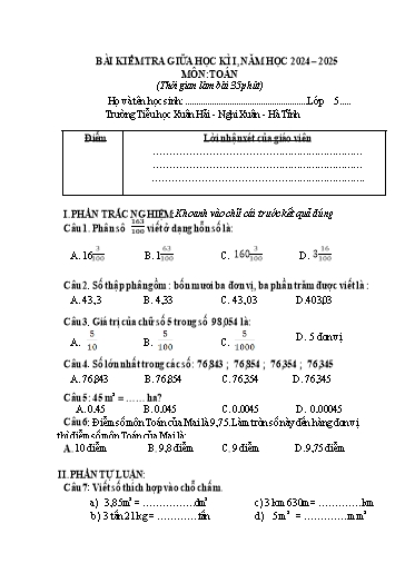 Đề kiểm tra giữa học kỳ 1 môn Toán 5 (Đề 2) - Năm học 2024-2025 - Trường Tiểu học Xuân Hải (Có đáp án + Ma trận)