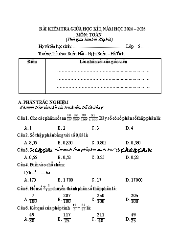 Đề kiểm tra giữa học kỳ 1 môn Toán 5 - Năm học 2024-2025 - Trường Tiểu học Xuân Hải (Có đáp án + Ma trận)