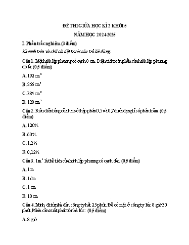 Đề kiểm tra giữa học kỳ 2 môn Toán Lớp 5 - Năm học 2024-2025 - Trường Tiểu học Minh Đức