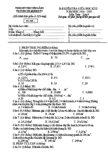 Đề kiểm tra giữa học kỳ 2 Toán Lớp 5 (Đề 1) - Năm học 2024-2025 - Trường Tiểu học Minh Đức (Có đáp án + Ma trận)