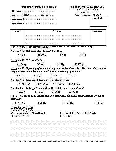 Đề kiểm tra giữa học kỳ 2 Toán Lớp 5 - Năm học 2024-2025 - Trường Tiểu học Minh Đức (Có đáp án)
