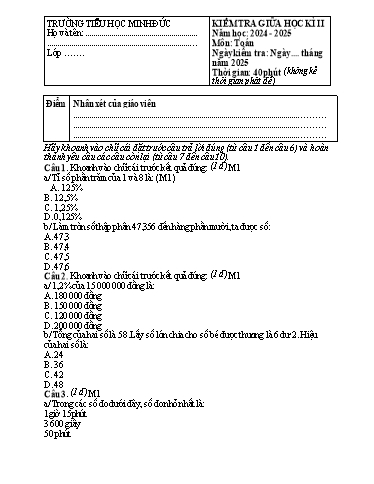Đề kiểm tra giữa kỳ 2 môn Toán Lớp 5 - Năm học 2024-2025 - Trường Tiểu học Minh Đức