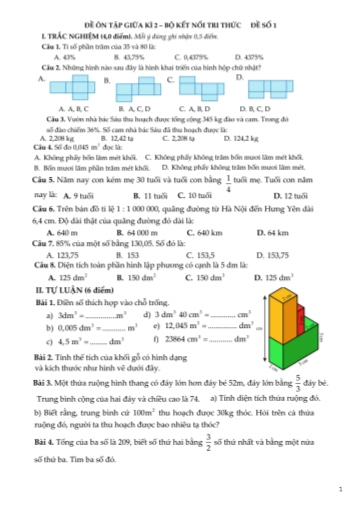 Đề ôn tập giữa học kỳ 2 Toán Lớp 5 Sách Kết nối tri thức (4 đề) - Trường Tiểu học Minh Đức