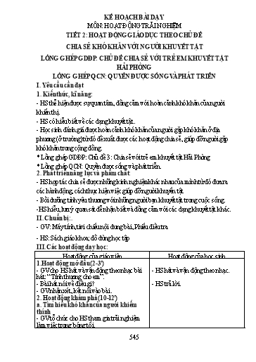 Kế hoạch bài dạy Hoạt động trải nghiệm Lớp 2 Sách Kết nối tri thức - Tiết 2: Chủ đề Chia sẻ khó khăn với người khuyết tật - Trường Tiểu học Minh Đức