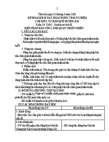 Kế hoạch bài dạy Hoạt động trải nghiệm Lớp 5 - Chủ điểm 8: Tự hào quê hương em - Tuần 29, Tiết 2: Sinh hoạt chủ điểm Biện pháp bảo tồn cảnh quan thiên nhiên - Năm học 2024-2025 - Nhữ Thị Luyến