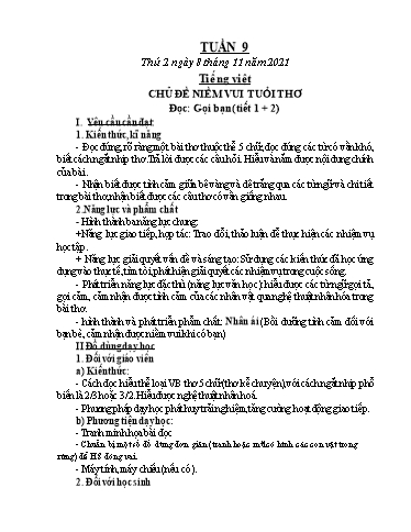 Kế hoạch bài dạy Lớp 2 - Tuần 9 - Năm học 2021-2022