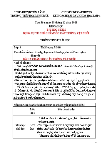 Kế hoạch bài dạy STEM Khoa học Lớp 4 - Bài: Dụng cụ tự chế chăm sóc cây trồng, vật nuôi - Năm học 2023-2024 - Nguyễn Thị Hằng