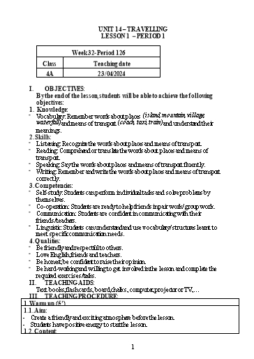 Kế hoạch bài dạy Tiếng Anh Lớp 4 - Unit 14, Lesson 1: Travelling (Period 1) - Năm học 2023-2024 - Trường Tiểu học Minh Đức