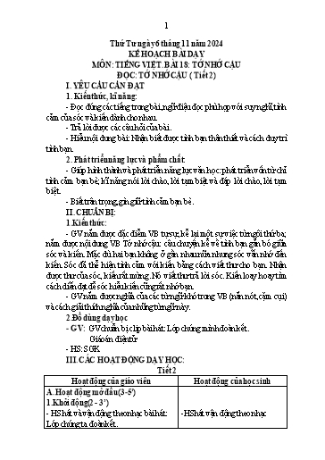 Kế hoạch bài dạy Tiếng Việt Lớp 2 Sách Kết nối tri thức - Bài 18: Tớ nhớ cậu (Tiết 2) - Năm học 2024-2025 - Trường Tiểu học Minh Đức