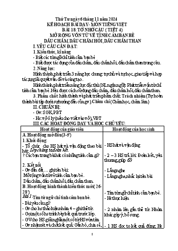 Kế hoạch bài dạy Tiếng Việt Lớp 2 Sách Kết nối tri thức - Bài 18: Tớ nhớ cậu (Tiết 4) - Năm học 2024-2025 - Trường Tiểu học Minh Đức
