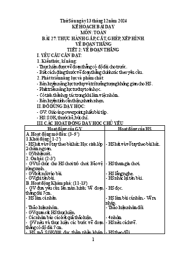 Kế hoạch bài dạy Toán Lớp 2 Sách Kết nối tri thức - Bài 27: Thực hành gấp, cắt, ghép, xếp hình. Vẽ đoạn thẳng - Tiết 2: Vẽ đoạn thẳng - Năm học 2024-2025 - Hoàng Thị Vân Hà