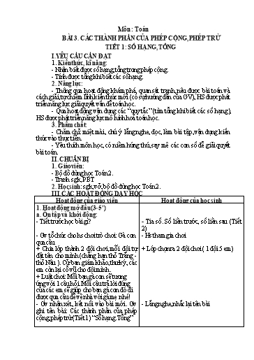 Kế hoạch bài dạy Toán Lớp 2 Sách Kết nối tri thức - Bài 3: Các thành phần của phép cộng, phép trừ - Tiết 1: Số hạng, tổng - Trường Tiểu học Minh Đức