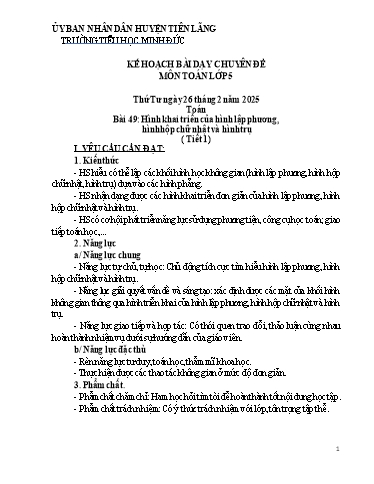 Kế hoạch bài dạy Toán Lớp 5 Sách Kết nối tri thức - Bài 49: Hình khai triển của hình lập phương, hình hộp chữ nhật và hình trụ (Tiết 1) - Năm học 2024-2025 - Nhữ Thị Luyến