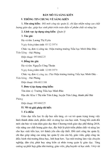 Sáng kiến kinh nghiệm: Đổi mới công tác quản lý, chỉ đạo nhằm nâng cao chất lượng giáo dục, giúp học sinh phát triển toàn diện về phẩm chất và năng lực - Lương Thị Uyên