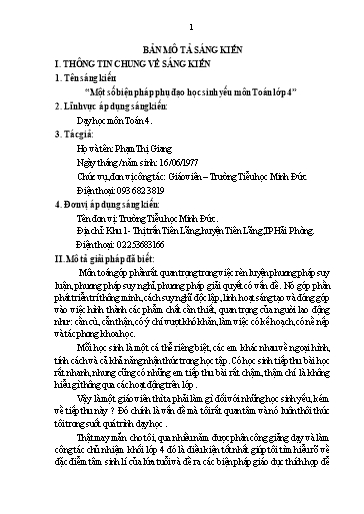Sáng kiến kinh nghiệm: Một số biện pháp phụ đạo học sinh yếu môn Toán lớp 4 - Phạm Thị Giang